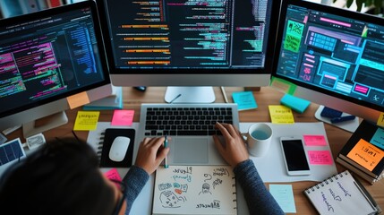 A focused software developer codes on a dual monitor setup in a modern office environment with a minimalist aesthetic. AIG41