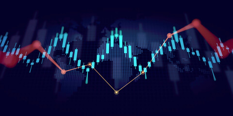 abstract financial chart with uptrend line graph and world map on blue color background