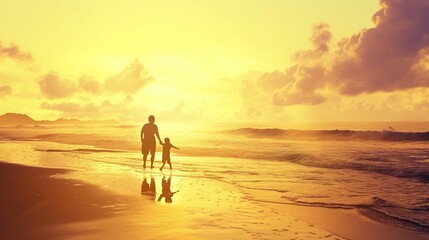Fototapeta premium ビーチを歩いている親子のシルエット、夕日5