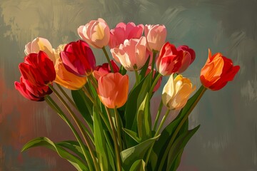 Bouquet of colorful tulips is standing in a vase, illuminated by warm sunlight