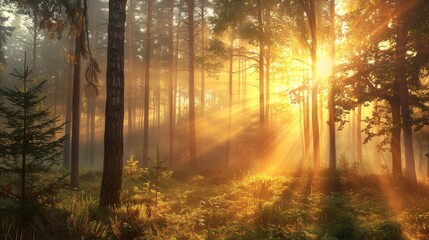 Fototapeta premium A serene forest landscape bathed in the warm glow of sunrise, with mist adding a mystical touch. Generative AI