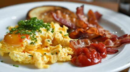 Naklejka premium Fluffy scrambled eggs served with a side of crispy bacon and a dollop of tangy hot sauce a hearty and satisfying beachside breakfast.
