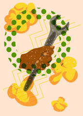 Risograph wrench in hand with geometric shapes. Objects in trendy riso graph print texture style design with geometry elements.