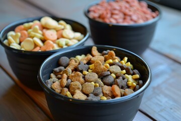 Fototapeta premium Closeup of three black bowls filled with different types of dry dog food, sitting on a wooden surface