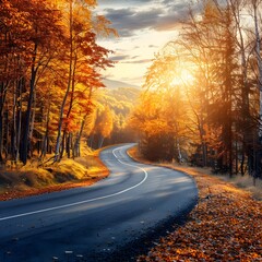Scenic Autumn Landscape with Winding Mountain Road Through Colorful Foliage and Warm Sunlight