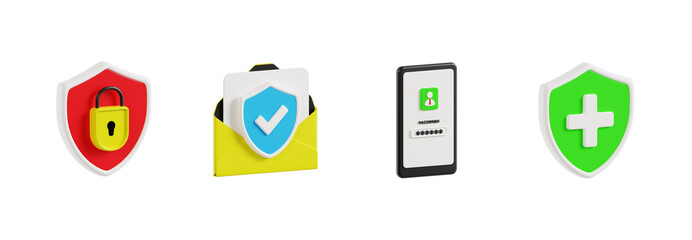 3d icon of Locked, Mail Security, Phone Password, Insurance. Protection and Security 3d set. Transparent background