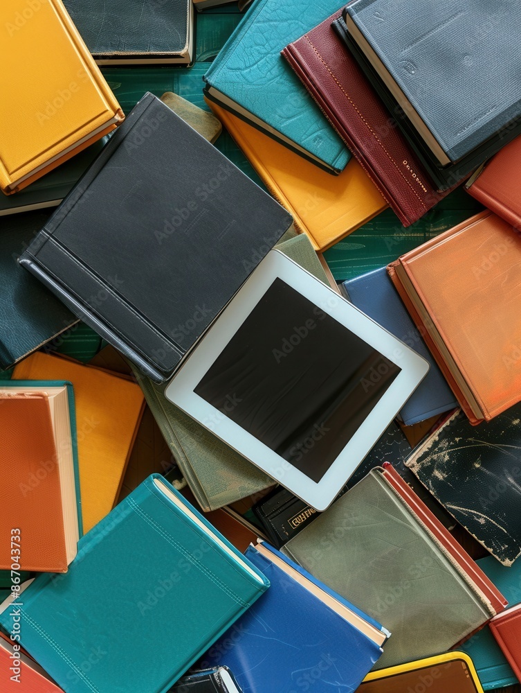 Aufkleber a collection of tablets and traditional books representing the modern landscape of digital learning.