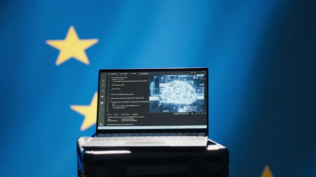 AI technology used by European Union alliance to combat illegal bot accounts on social media. Artificial intelligence algorithms detecting fake news running on laptop in EU command center, camera A