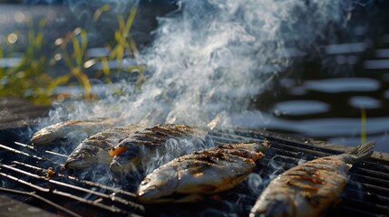 Smoke rises from the grill carrying the savory scent of fresh fish along the river.