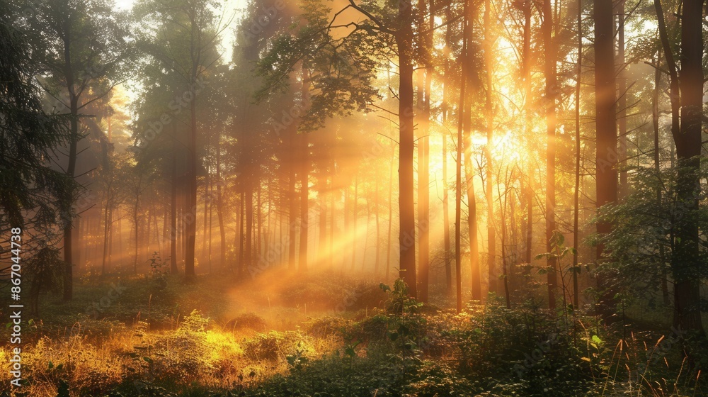 Poster A serene forest landscape at dawn with sunbeams piercing through the trees, creating a magical atmosphere. Generative AI
