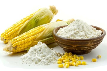 Corn starch powder in a bowl with fresh corn cobs and kernels on white background