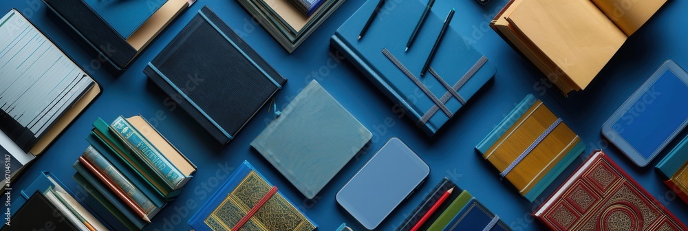 Poster a flat lay of various tablets, e-readers, and traditional books showcasing digital and print learnin