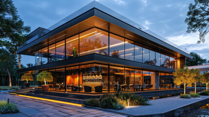 Modern, Luxury Restaurant Exterior with Floor-to-Ceiling Windows, Illuminated at Twilight