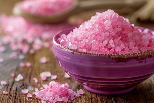 Pink himalayan salt crystals spilling out of a rustic bowl, sitting on a weathered wooden surface