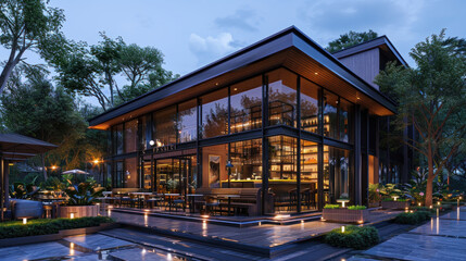 Modern, luxurious restaurant exterior with large windows illuminated at twilight, surrounded by lush greenery and patio seating. Concepts. dining, architecture, ambiance, fine dining