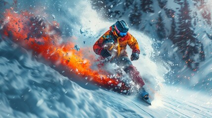 Fototapeta premium Dynamic Snowboarder in Vibrant Action - Generative AI