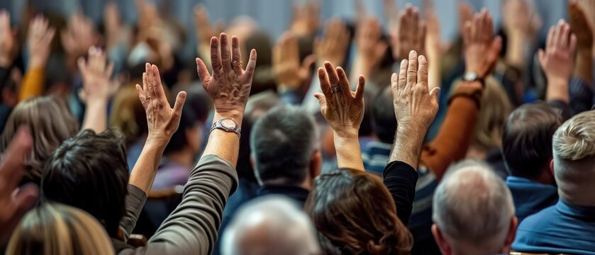 a professional business seminar, a diverse audience raises their hands in an important decision - Powered by Adobe