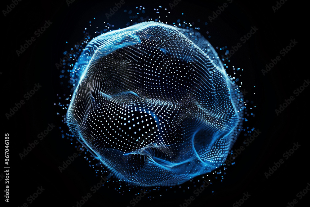 Wall mural looped distortion waves on abstract sphere of particles. digital data splash of spherical point arra