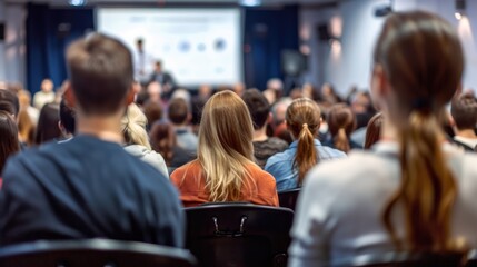 Business people or students are watching a presentation or attend a training or seminar in a lecture hall or auditorium. Conference hall full of people participating in the business training