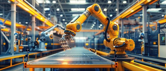 Industrial robot works automatically in smart autonomous factory