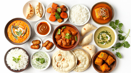 op view collection of Indian foods isolated on a white background, including momos, butter chicken curry and rice, samosas, and pani puri 
