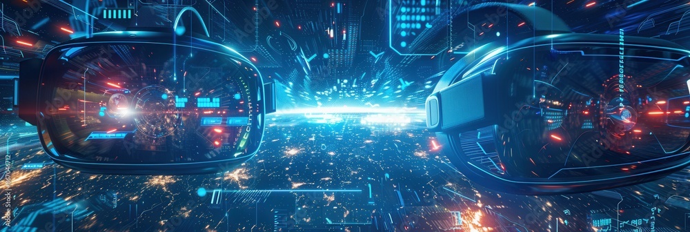 Aufkleber two vr headsets are shown floating in a digital world, representing the immersive experience of virt