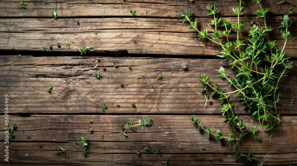 Poster fresh thyme herbs on aged wooden background with copy space