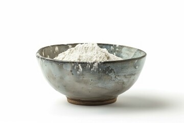 Rustic bowl overflowing with freshly milled flour on white background