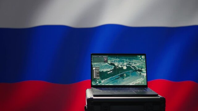Russian Federal Security Service using radar system to detect ballistic missiles attacking borders. Kremlin regime army using notebook to scan approaching rockets, deploying shields, camera B