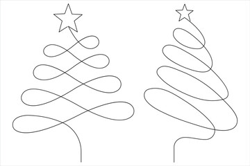 Continuous one Line art of Christmas tree with star on top, pine plant in vector illustration
