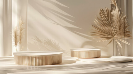 a minimalistic display setup, featuring two oval platforms with smooth, wooden tops and cream-colored bases, placed on a neutral backdrop