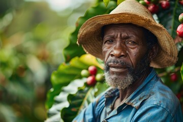 An African farmer, clad in a straw hat, standing amidst a coffee plantation.


