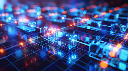 A blockchain technology background showing a chain of digital blocks connected in a linear sequence