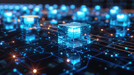 A blockchain technology background showing a chain of digital blocks connected in a linear sequence