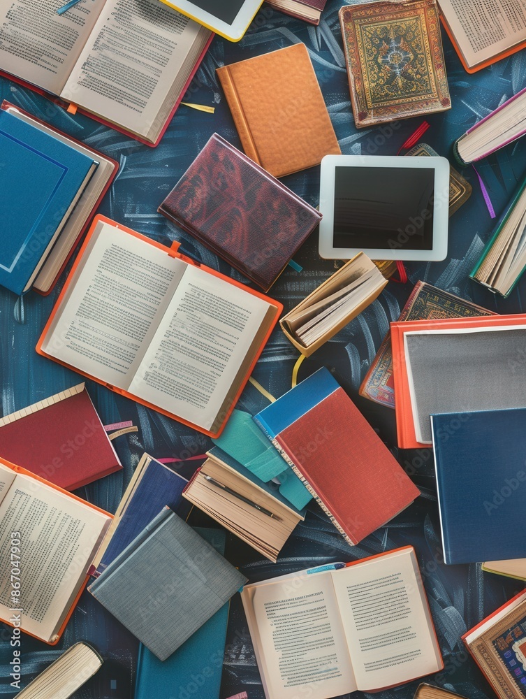 Poster a variety of e-readers and tablets displaying educational materials and e-textbooks, symbolizing the