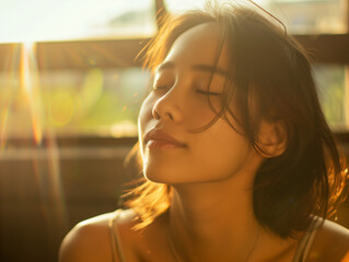 close up portrait of asian woman basking in the soft sunlight