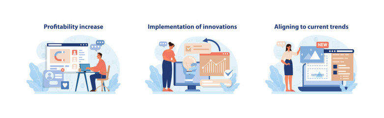 Profitability and Innovation Strategies Set. Vibrant vector illustrations depicting profit growth.