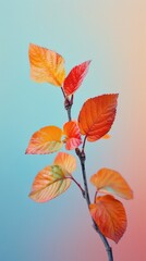 Autumn leaves on a branch, set against a soft pastel background.






