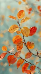 Obraz premium Autumn leaves on a branch, set against a soft pastel background.