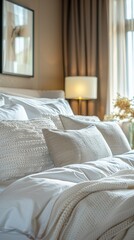 Obraz premium A large, comfortable bed with pillows awaits a guest in a hotel room, inviting relaxation and comfort.