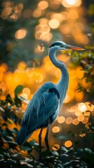 Fototapeta premium A blue heron posing for the camera against a backdrop of green and yellow bokeh.