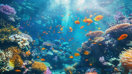 Naklejka premium An underwater scene showcasing the vibrant colors and diverse life of a thriving coral reef ecosystem. Generative AI