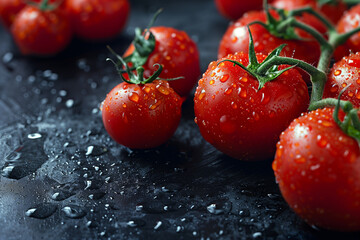 Red ripe tomatoes on a black concrete table surface with droplets of water. Generative AI