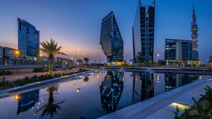During the blue hour, the KAFD buildings in Riyadh, Saudi Arabia, stand out 