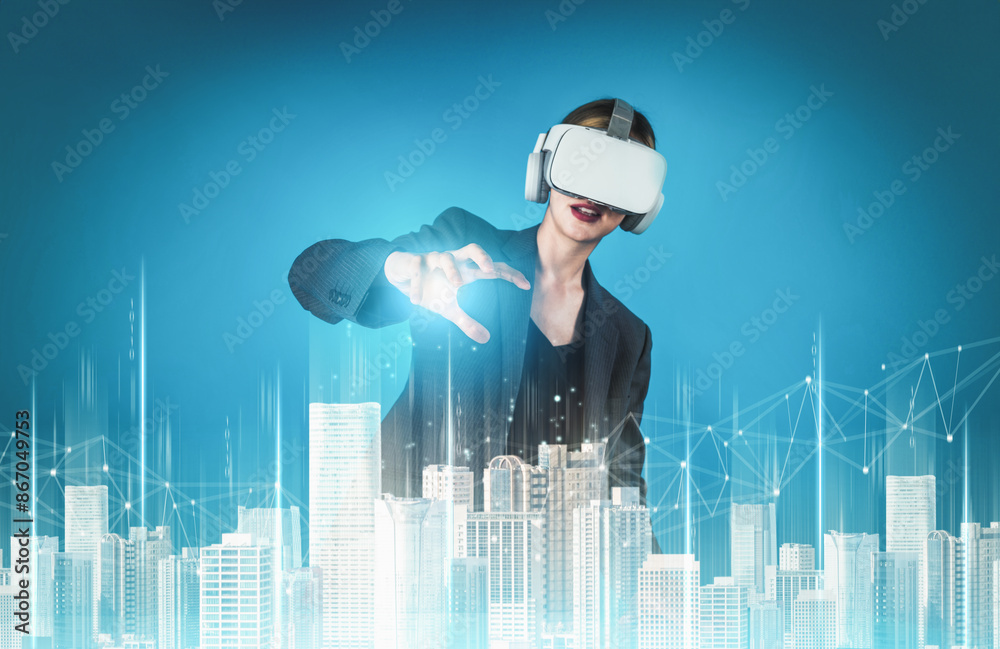 Wall mural Caucasian architect wearing VR headsets and designing building construction. Professional civil engineer working and planning about house structure by using visual reality simulation. Contraption. - Wall murals