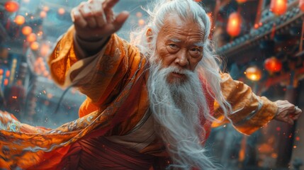 Fototapeta premium Elderly Warrior in Traditional Robes Performing Martial Arts - Generative AI