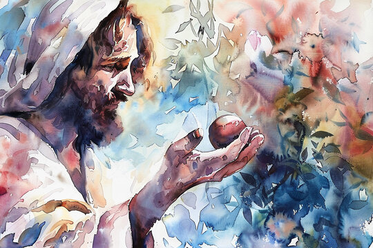 Jesus parable of the Mustard Seed. Watercolor painting illustration.