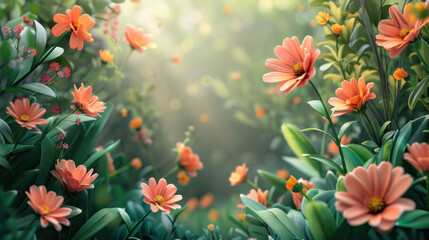 Dreamlike garden scene with pink flowers and lush greenery.  Perfect for spring, nature, or floral themes