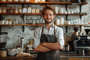 Fototapeta premium A confident barista working in a bustling coffee shop. 