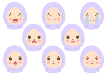 set of hijab girl emotion face illustration 